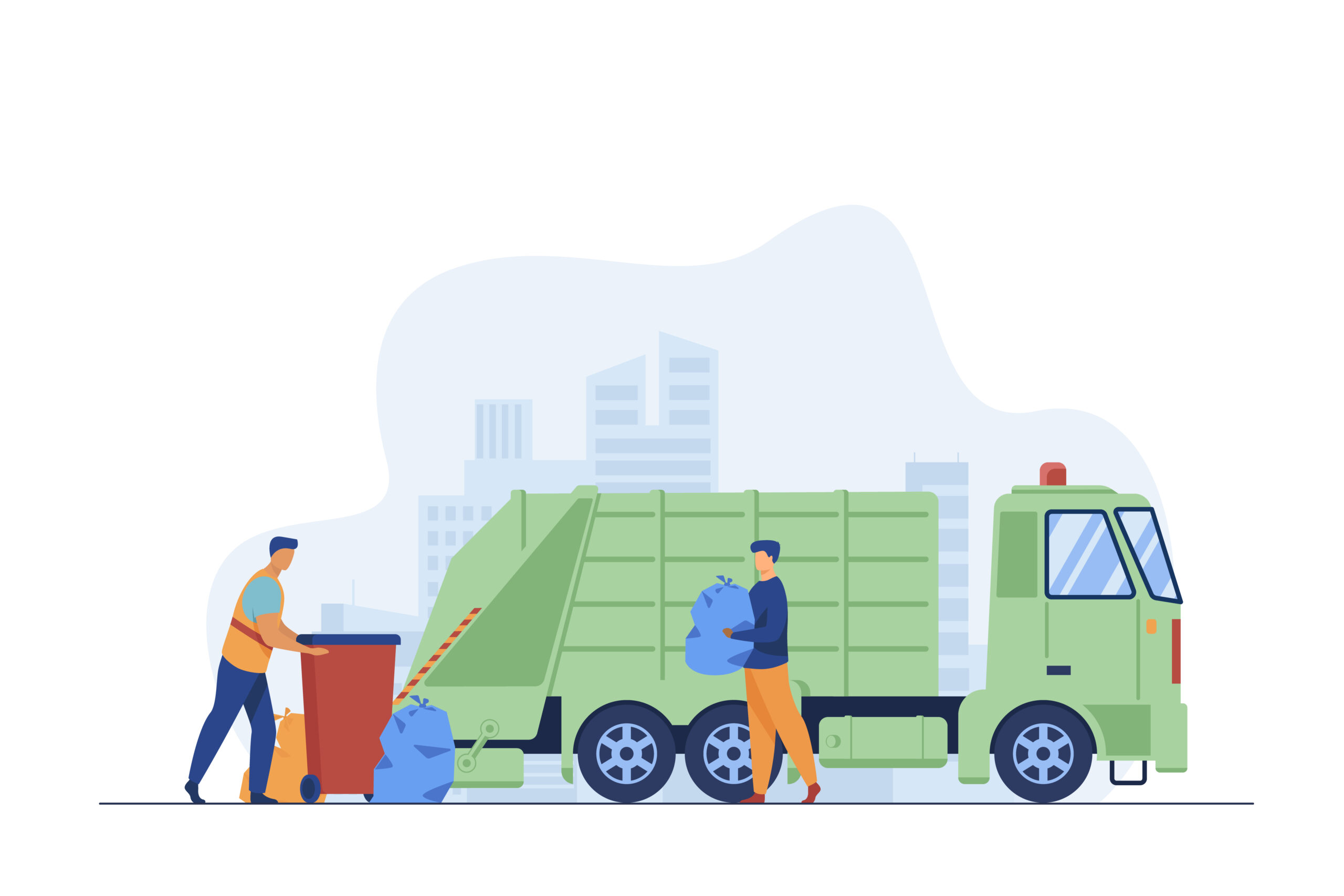 Trash pickup worker cleaning dustbin at truck. Man carrying trash in plastic bag flat vector illustration. City service, waste disposal concept for banner, website design or landing web page