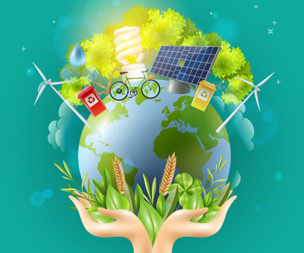 Green world awareness concept ecological composition poster with hands holding earth ball with sustainable energy sources vector illustration